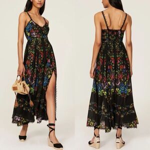 CHARO RUIZ Iraso Dress Women Large Black Floral Midi Embroidered Lace Trim